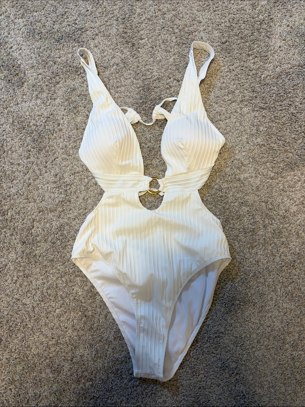 Ribbed White One-Piece Cutout Swimsuit